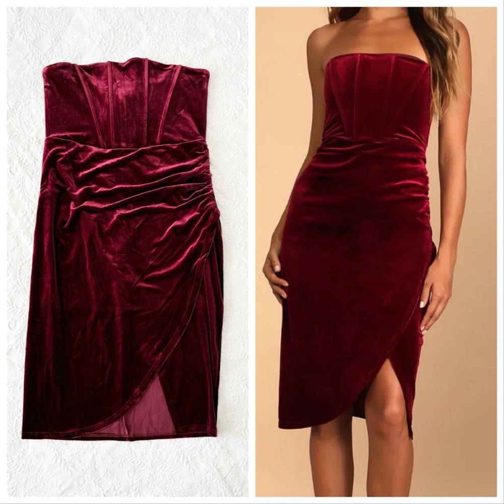 NWOT Lulus Glamorous Celebrations Wine Red Velvet Strapless Tulip Dress XLarge